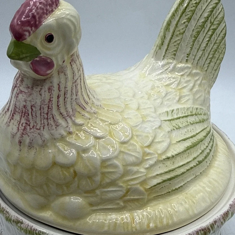VTG Ceramic Hen on Nest Chicken Covered Dish Basket Candy Bowl Yellow Green 6